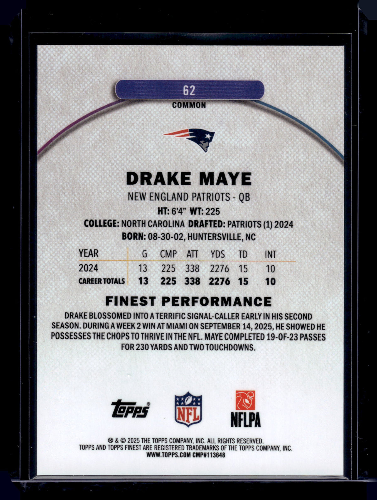 HL-INV 2025 Topps Finest Drake Maye #62 Purple Refractor /250