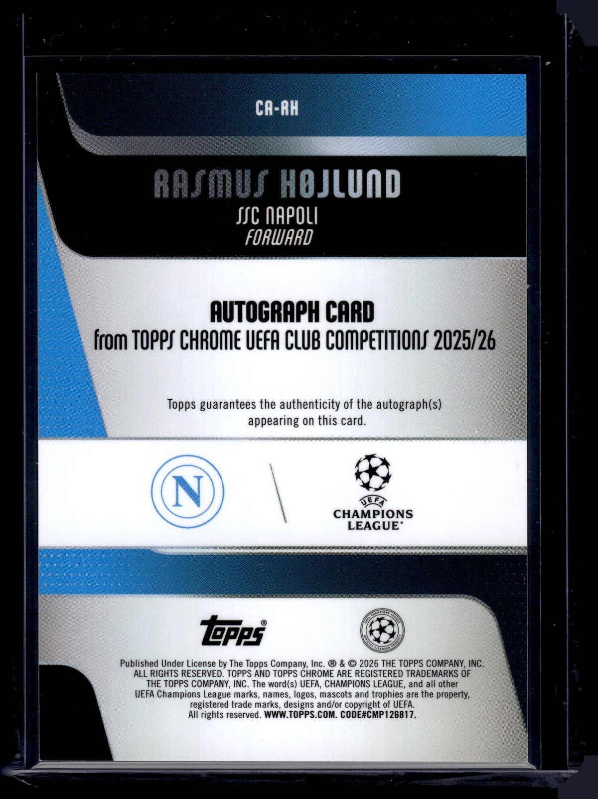 HL-INV 2026 Topps Chrome UEFA Rasmus Hojlund Blue Lava Refractor /150 CA-RH Auto