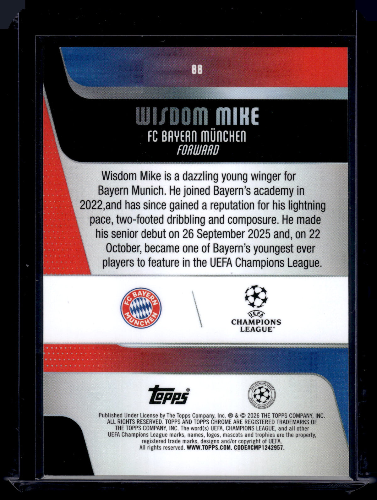 HL-INV 2026 Topps Chrome UEFA Wisdom Mike #88 Green Refractor /99 RC