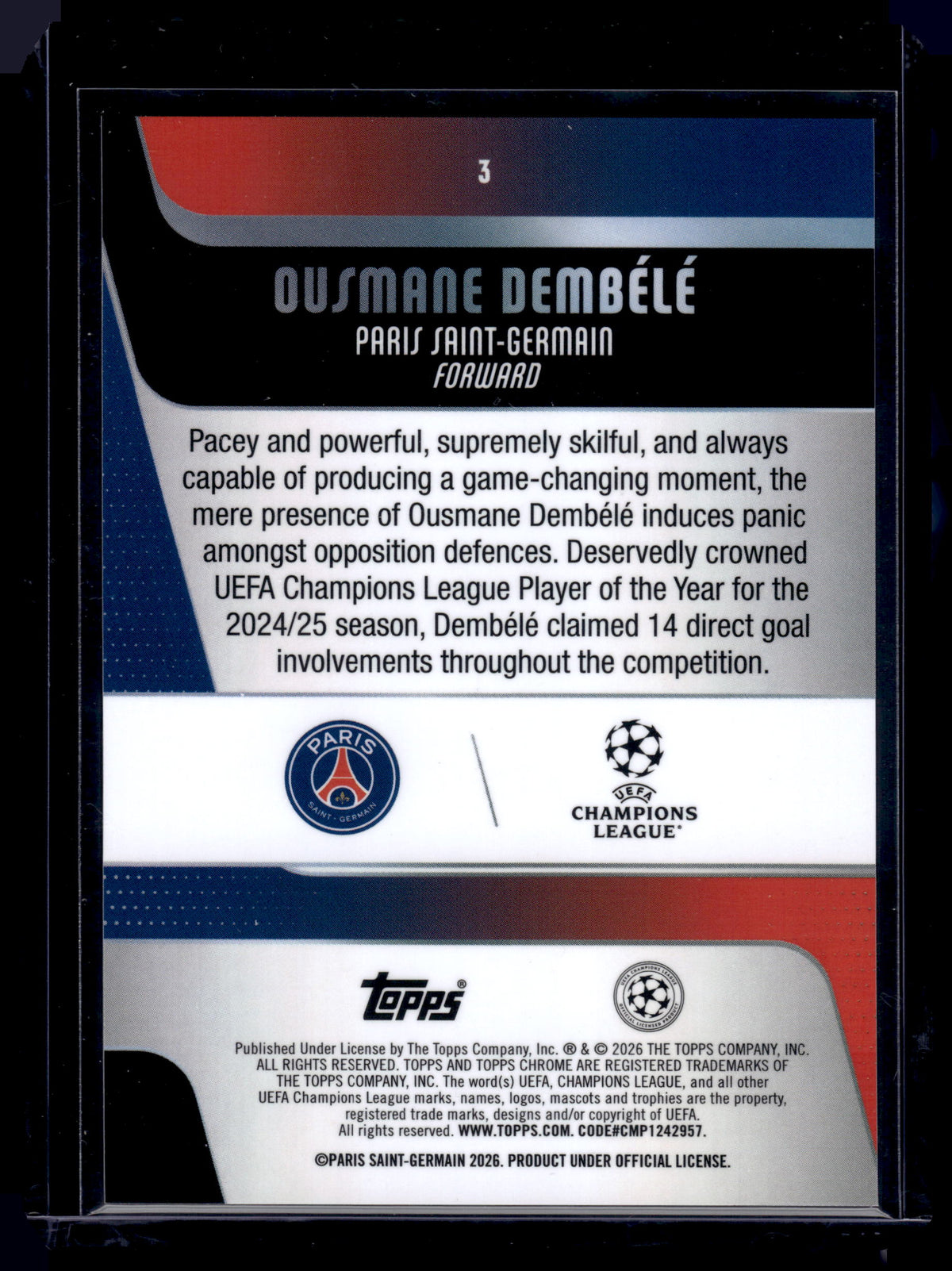 HL-INV 2026 Topps Chrome UEFA Ousmane Dembele Blue Lava Refractor /150 #3