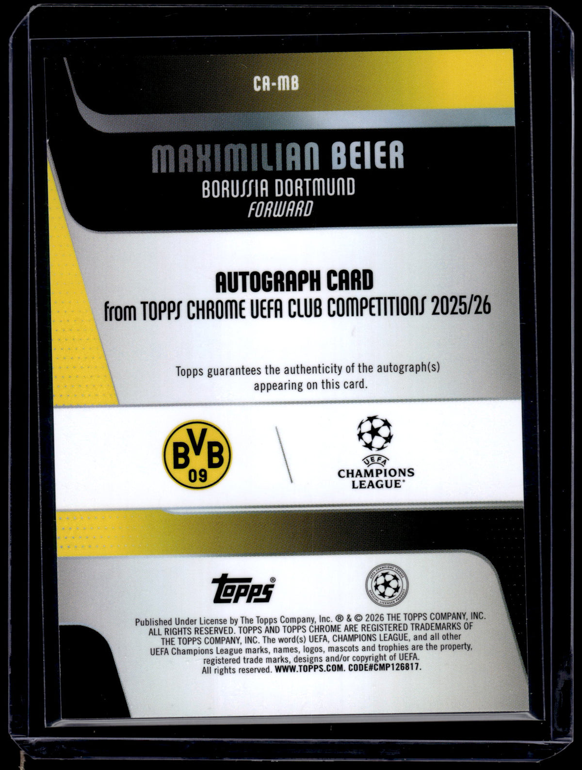 HL-INV 2026 Topps Chrome UEFA Maximilian Beier Aqua Lava Refractor Auto /199