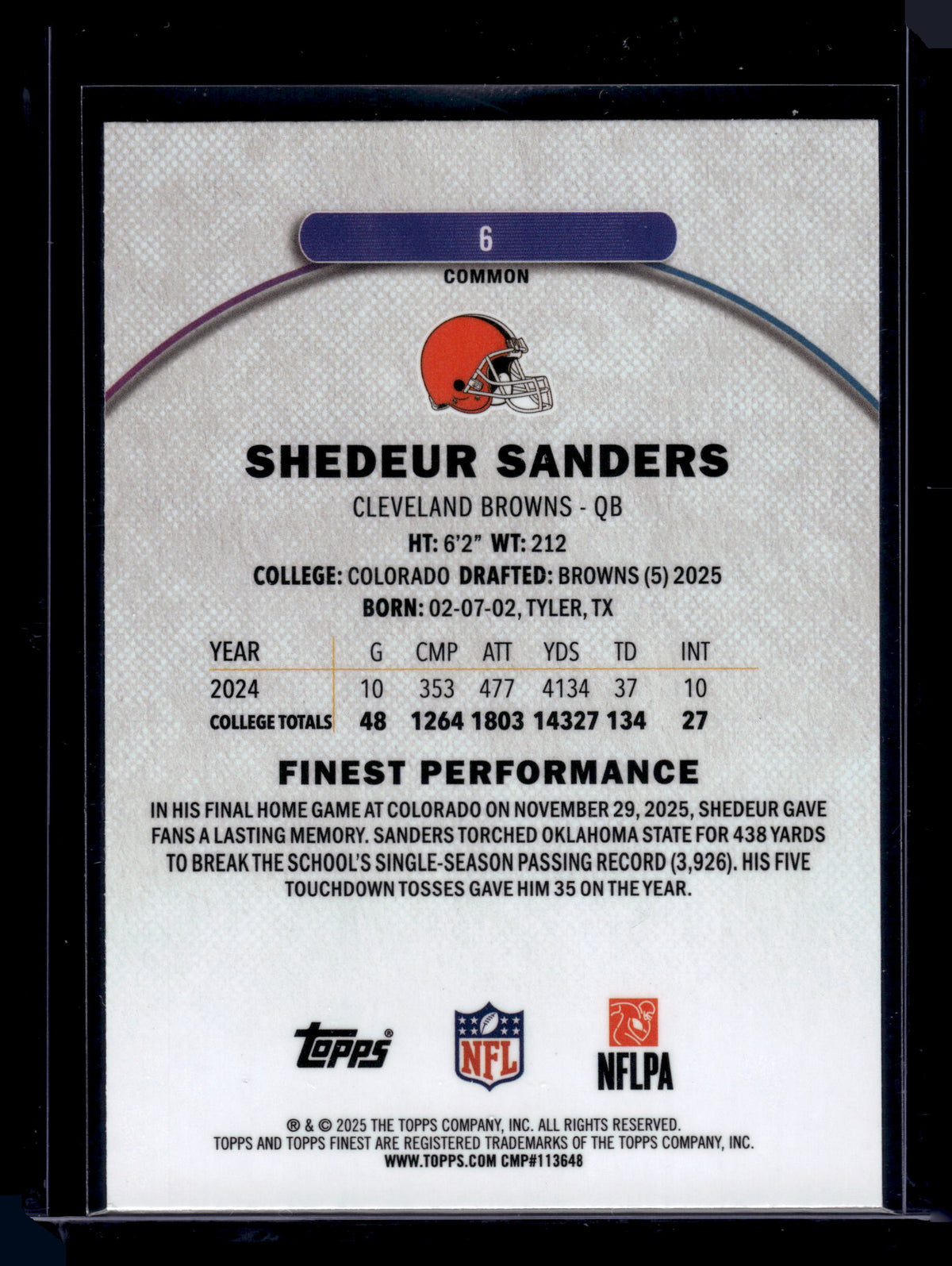 HL-INV 2025 Topps Finest Shedeur Sanders #6 Blue /200 RC