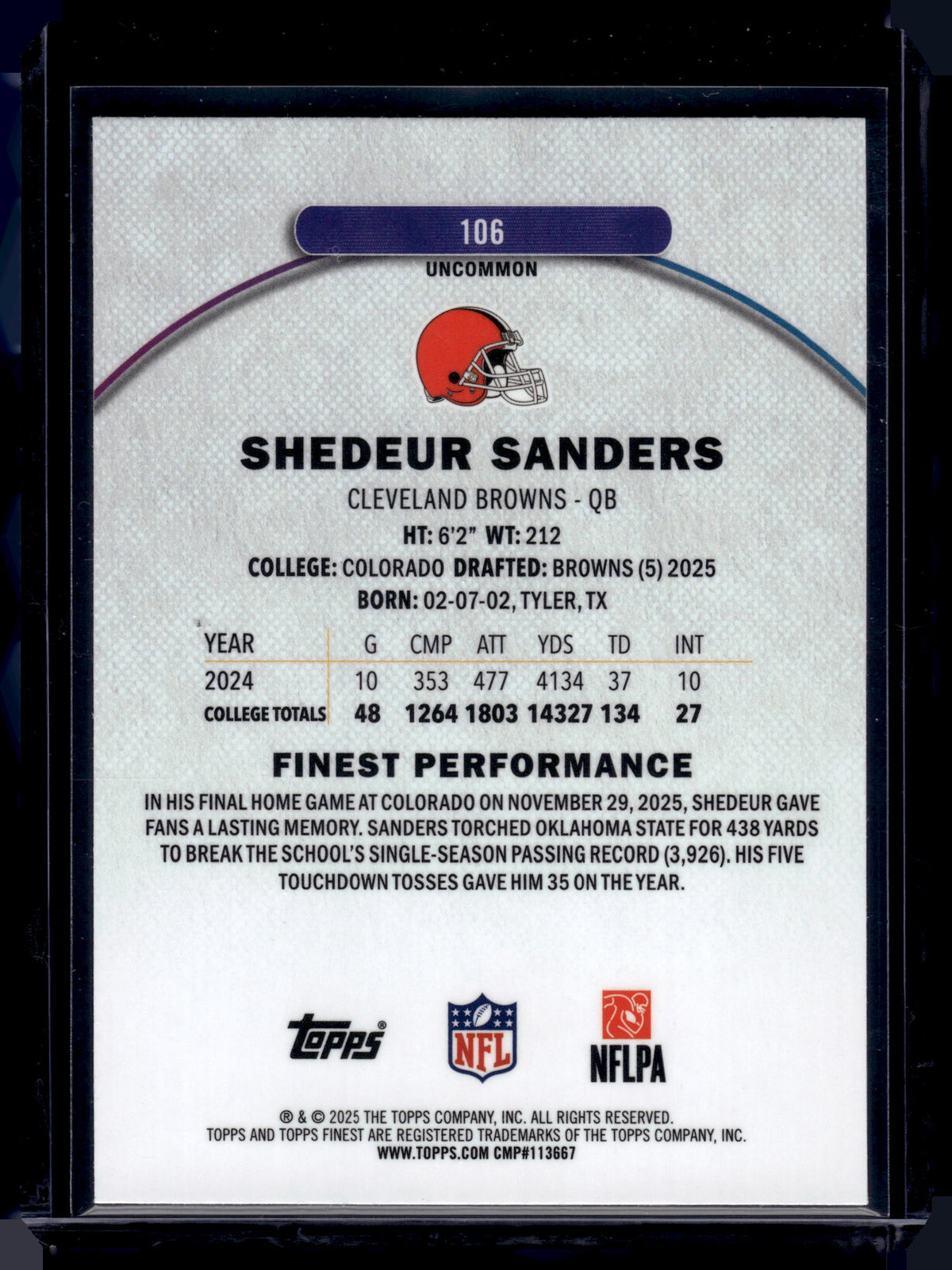 HL-INV 2025 Topps Finest Shedeur Sanders #106 RC