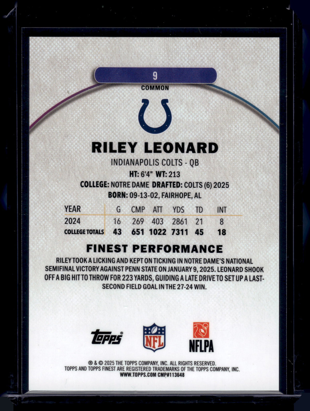 HL-INV 2025 Topps Finest Riley Leonard #9 Sky Blue Refractor /325 RC