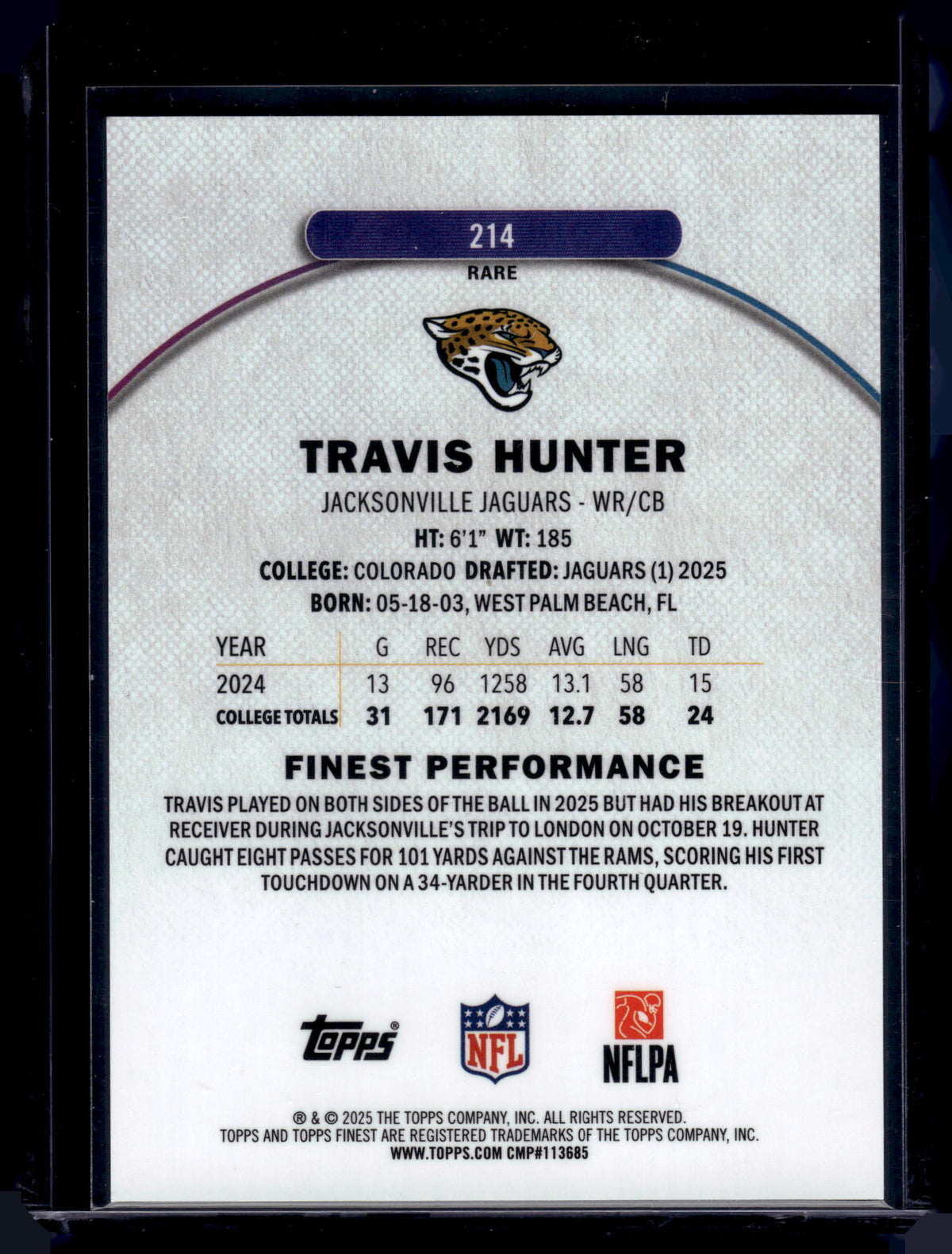 HL-INV 2025 Topps Finest Travis Hunter #214 Refractor /150 RC