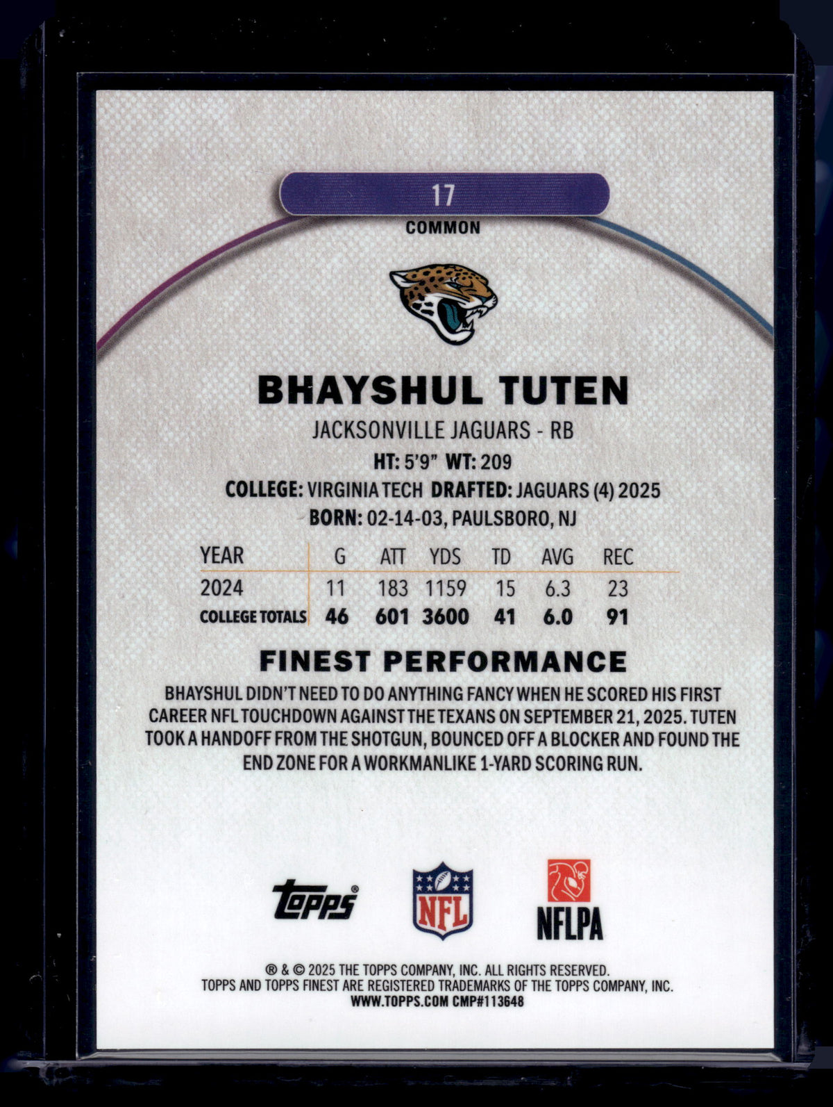 HL-INV 2025 Topps Finest Bhayshul Tuten #17 Purple Checkerboard /150 RC