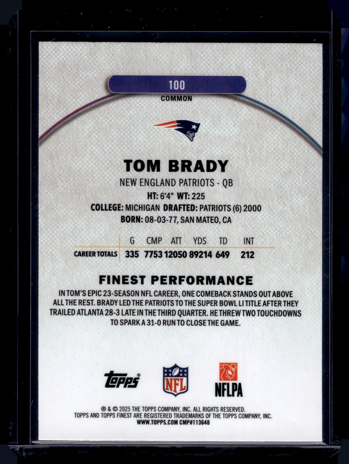 HL-INV 2025 Topps Finest Tom Brady #100 Blue Refractor /200