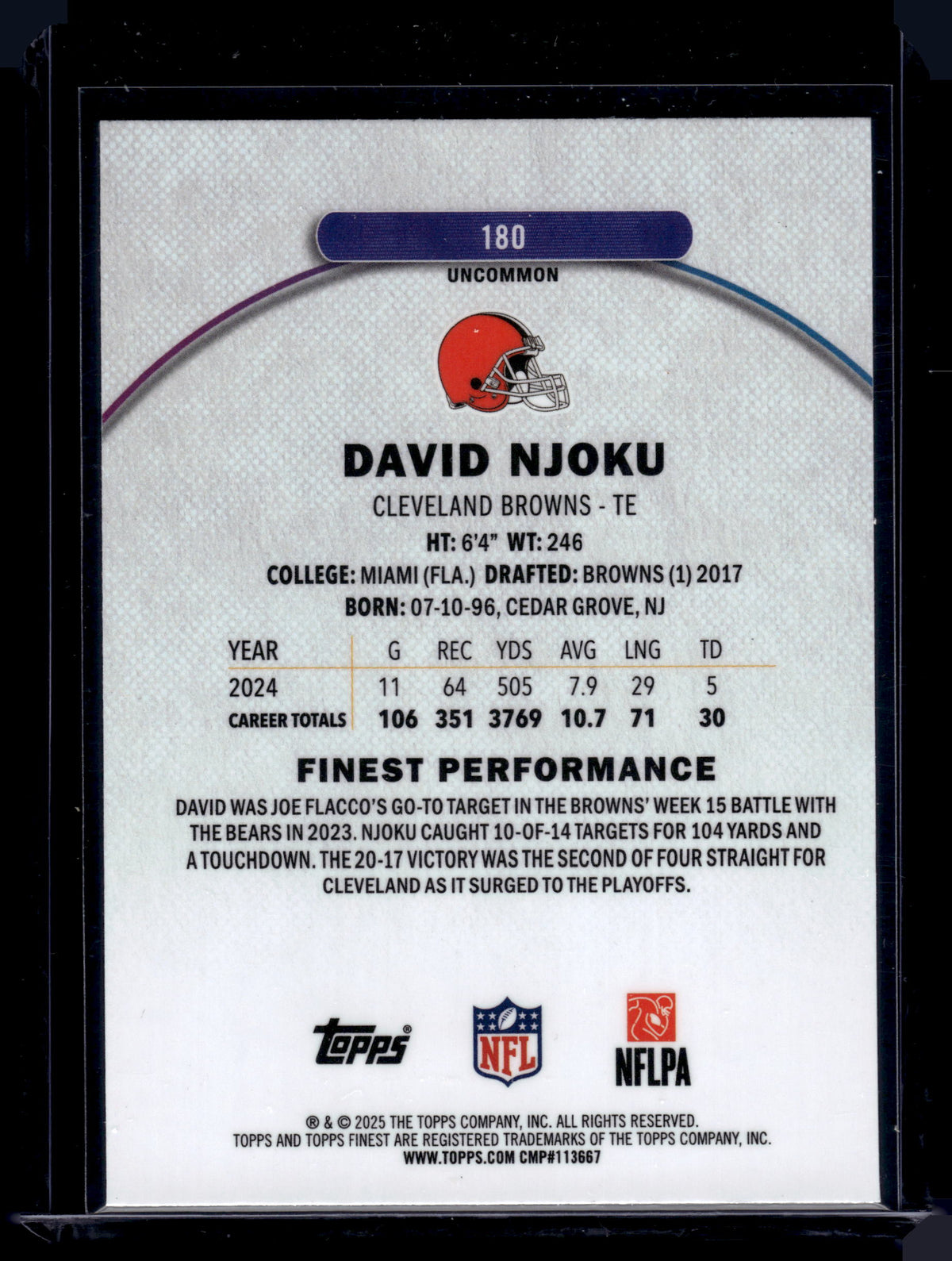 HL-INV 2025 Topps Finest David Njoku #180 Blue Refractor /150 Uncommon