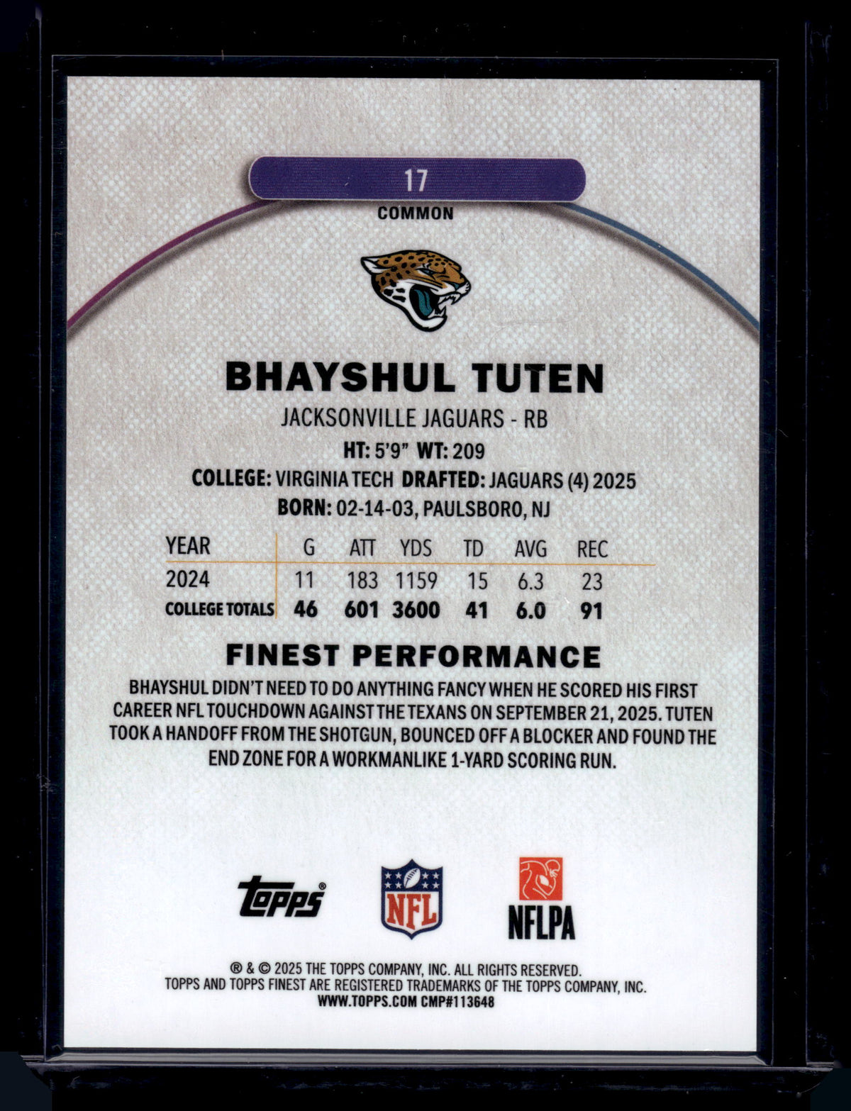 HL-INV 2025 Topps Finest Bhayshul Tuten #17 Black Geometric /20 Common RC