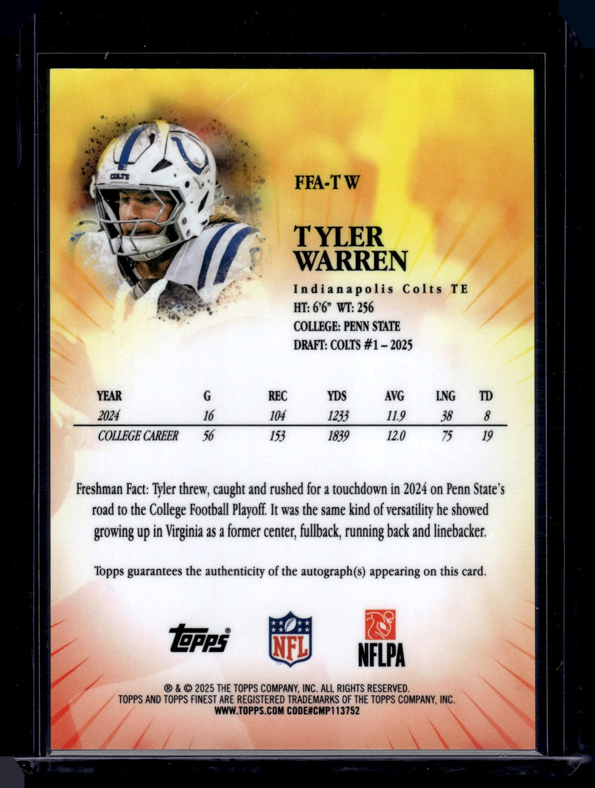 HL-INV 2025 Topps Finest Tyler Warren #FFA-TW Blue Geometric /99 RC Auto