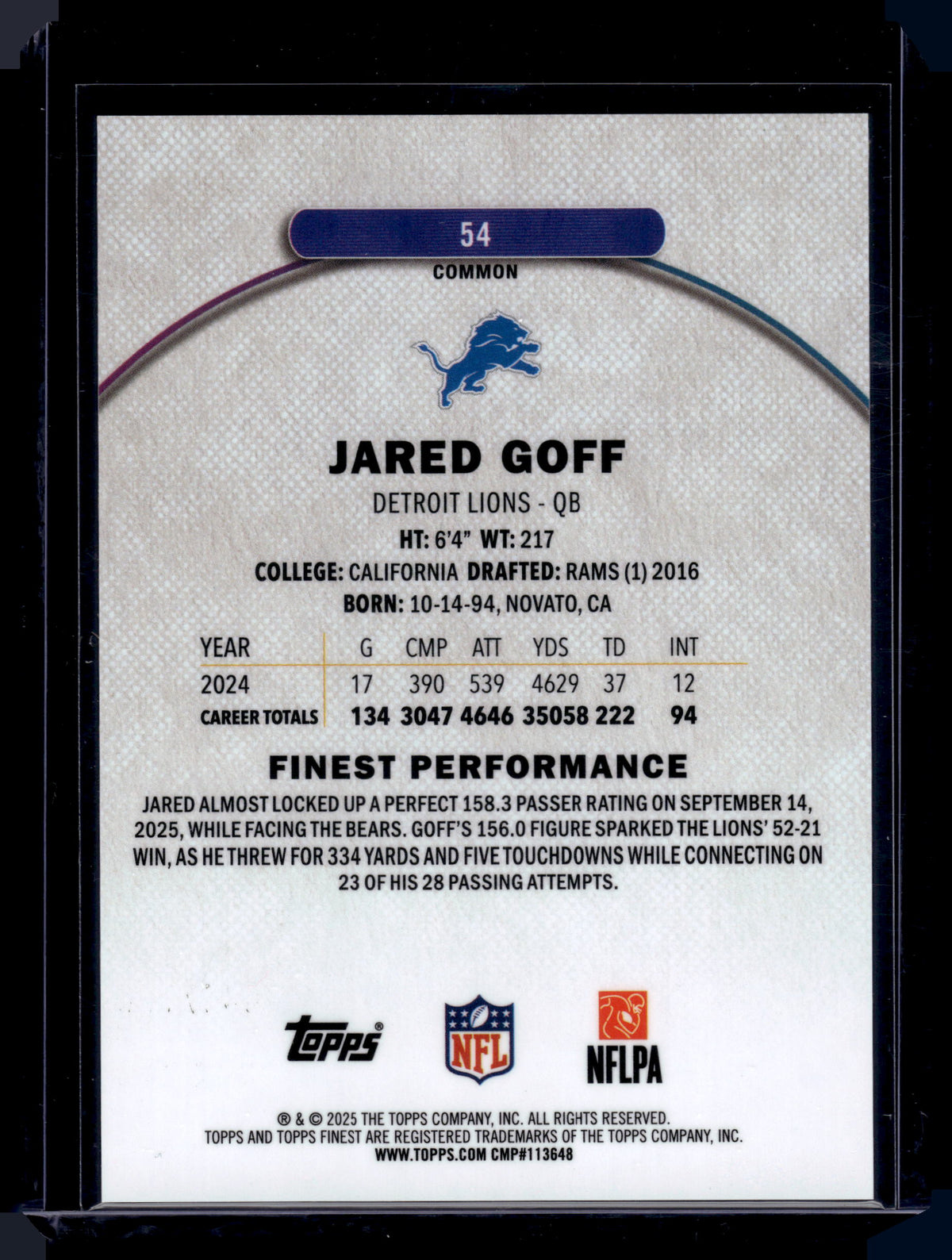 HL-INV 2025 Topps Finest Jared Goff #54 Purple Geometric Refractor /150 Common