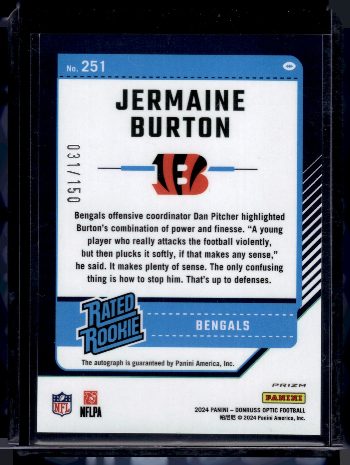 HL-P02 2024 Panini Donruss Optic Prizm Jermaine Burton #251 /150 Auto