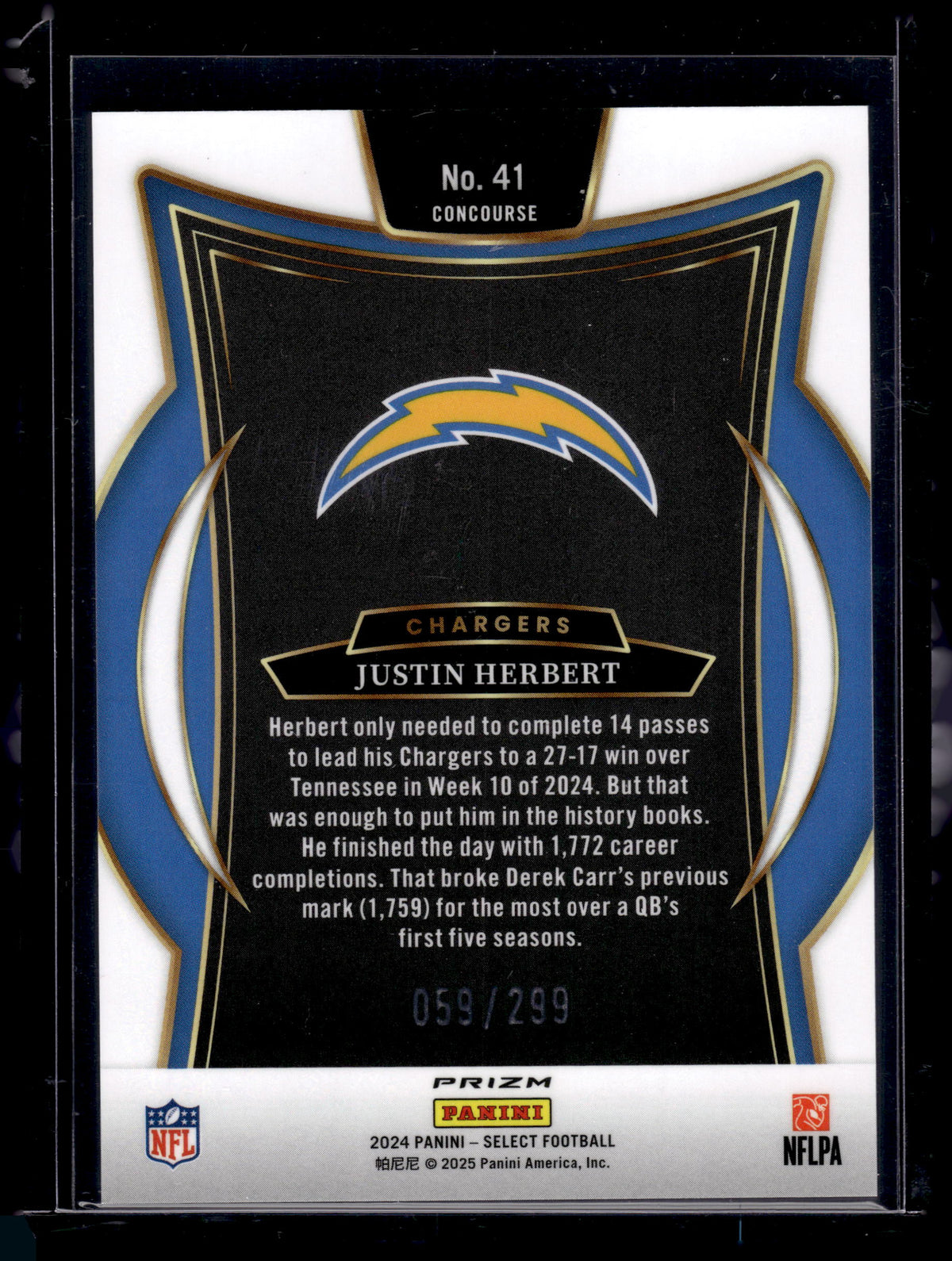 HL-P02 2024 Panini Select Concourse Justin Herbert #41 Tri Color Prizm /299