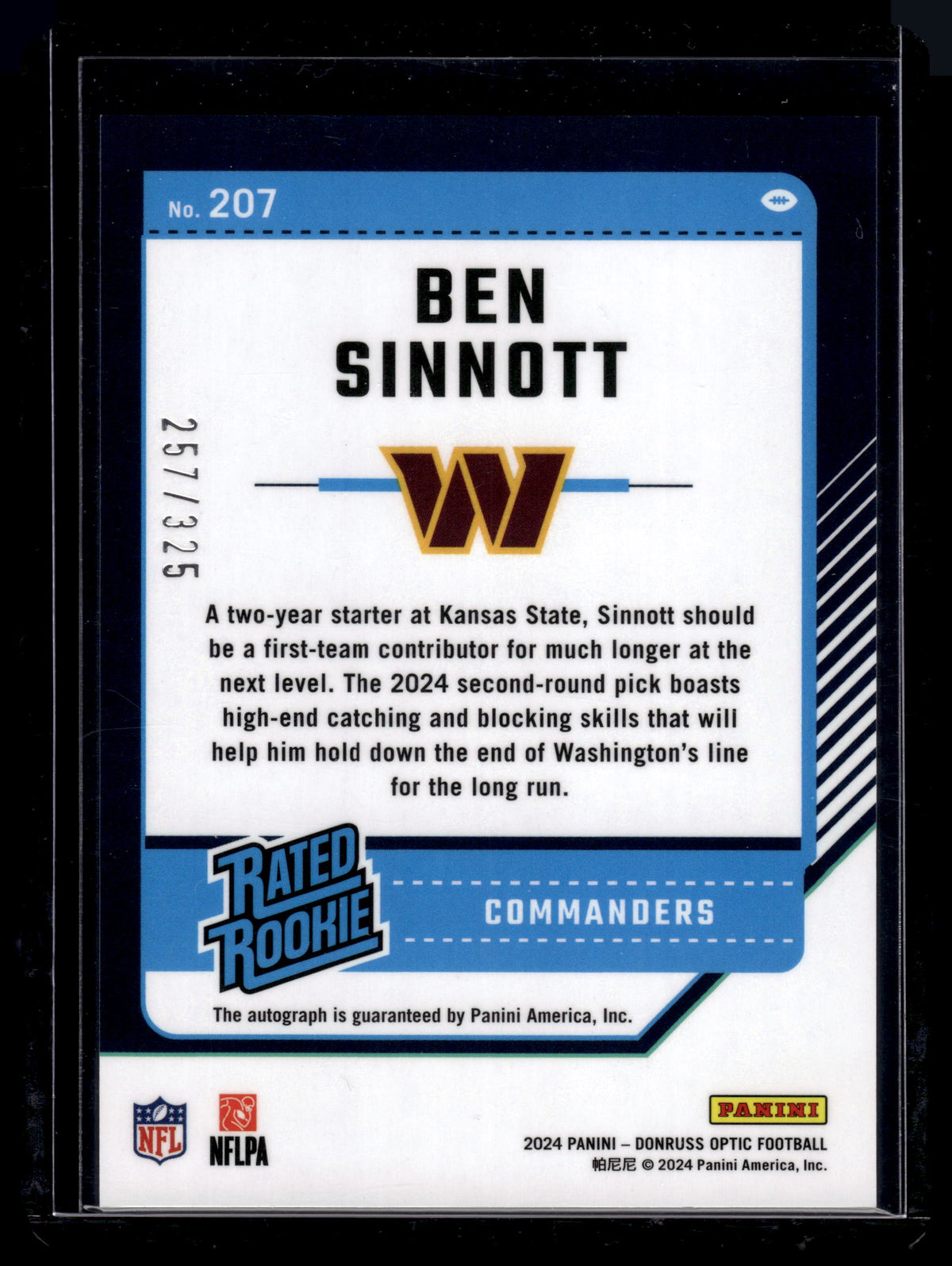 HL-P02 2024 Panini Donruss Optic Ben Sinnott #207 /325 Silver Rated Rookie Auto