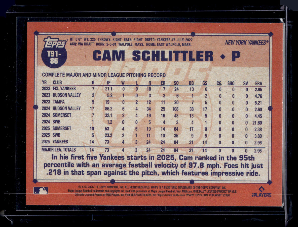 HL-P01 2026 Topps Cam Schlittler #T91-86 White RC