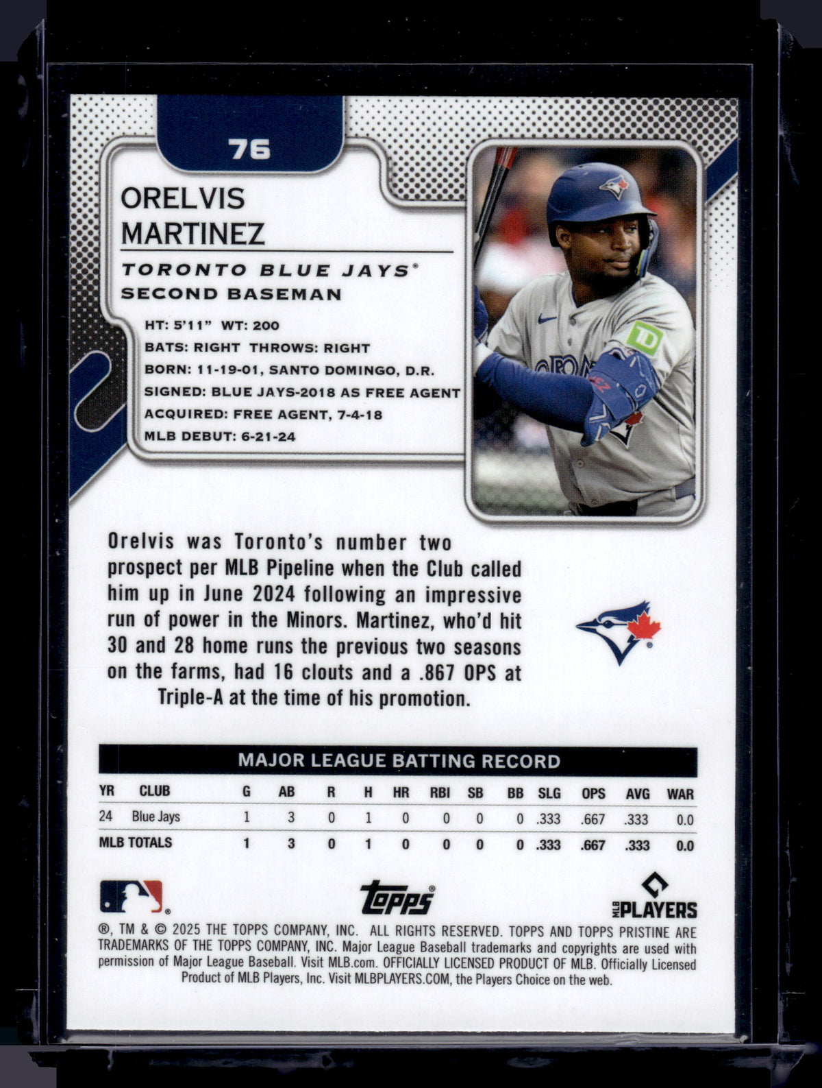 HL-P01 2025 Topps Pristine Orelvis Martinez #76 White RC