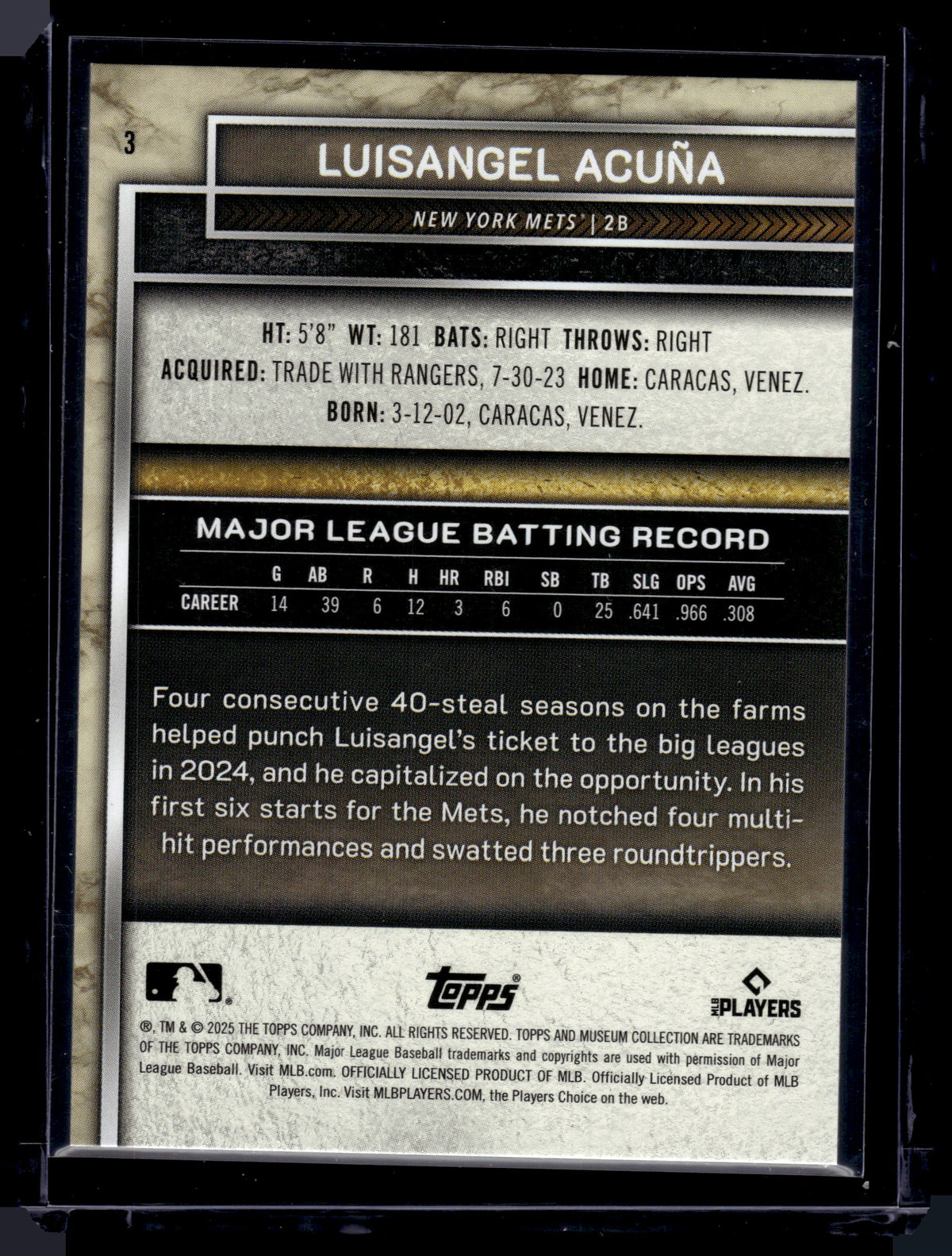 HL-P01 2025 Topps Museum Collection Luisangel Acuña #3 Base RC