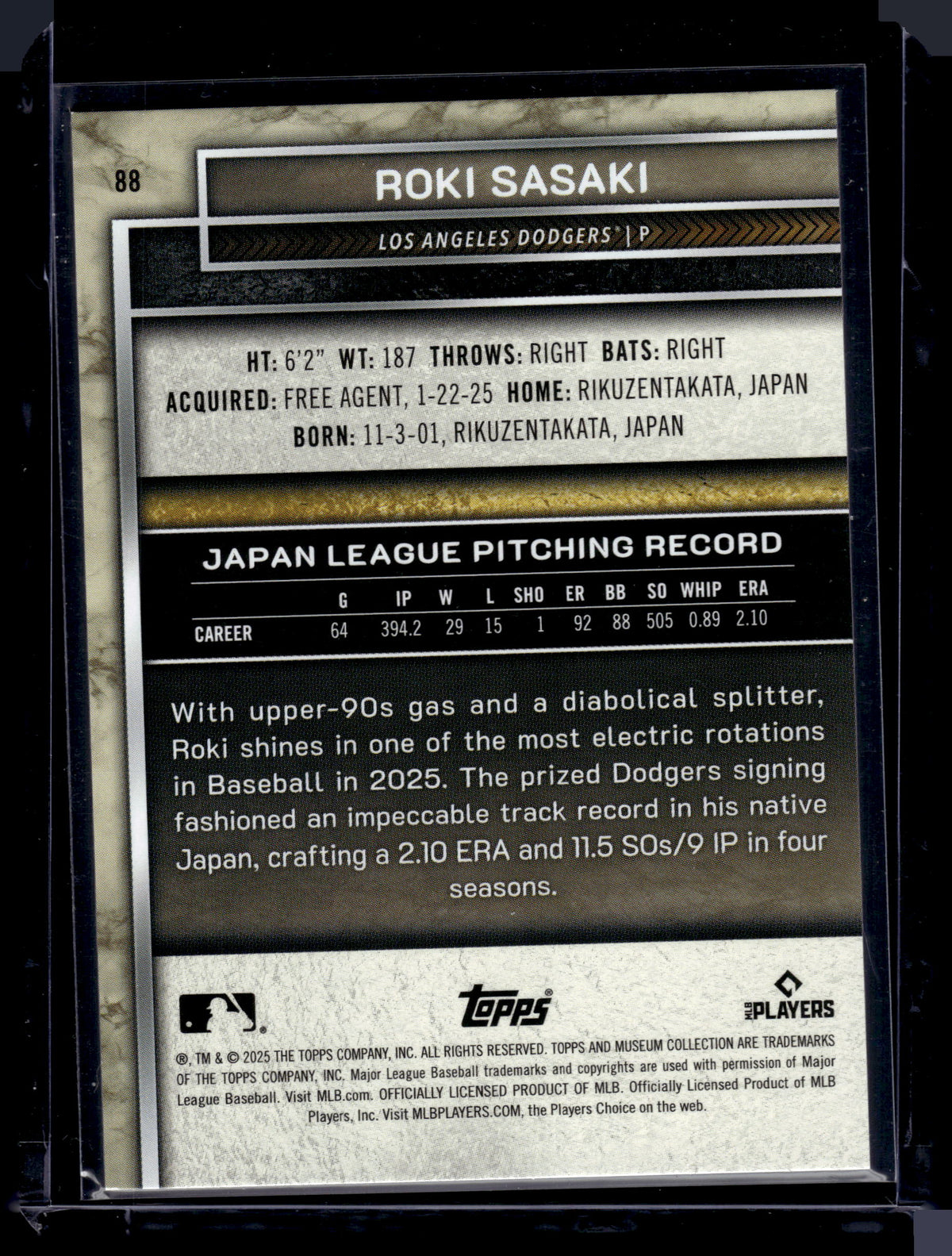 HL-P01 2025 Topps Museum Collection Roki Sasaki #88 Base RC