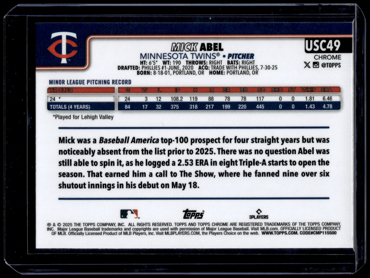 HL-P01 2025 Topps Chrome Update Series Mick Abel #USC49 Negative Refractor