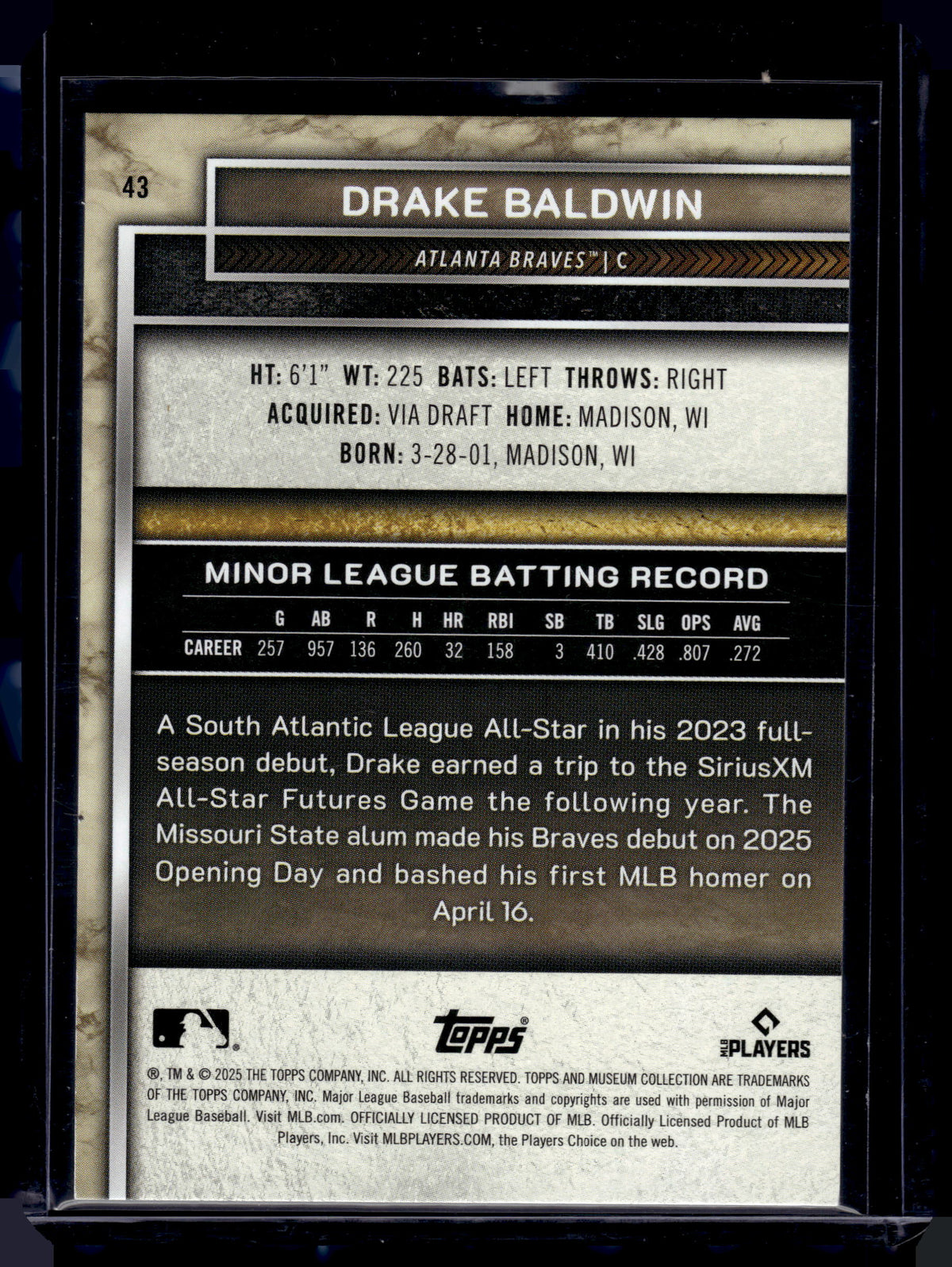 HL-P01 2025 Topps Museum Collection Drake Baldwin #43 Gold /249 RC