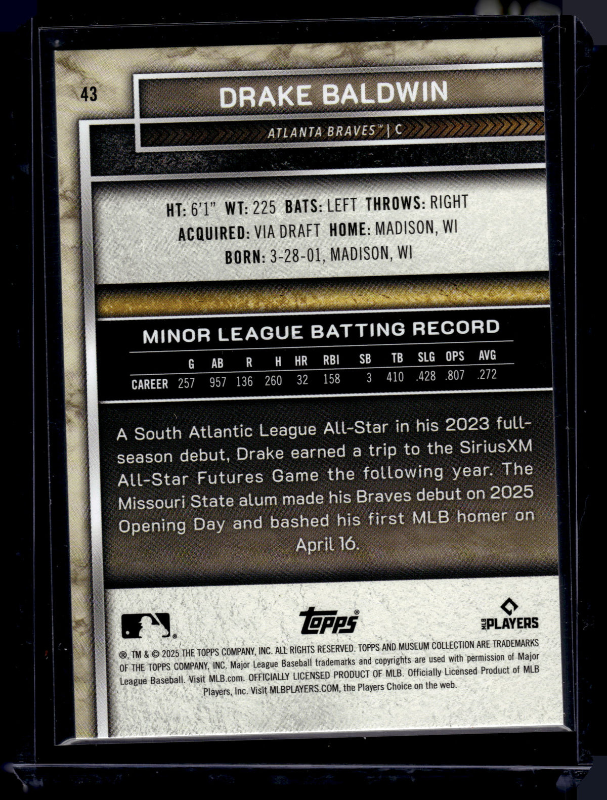 2025 Topps Museum Collection Drake Baldwin #43 Base RC