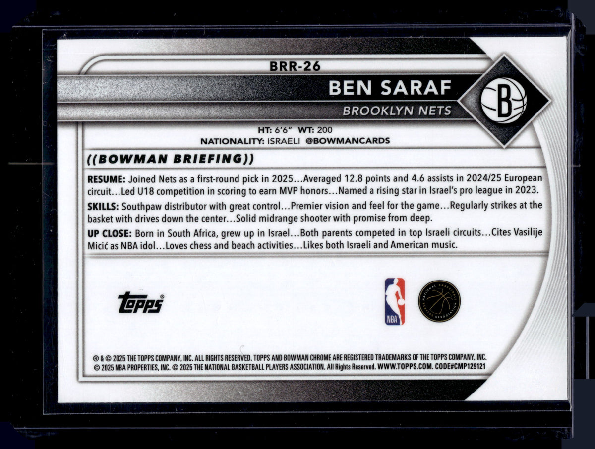 HL-P01 2025 Topps Bowman Chrome Ben Saraf #BRR-26 Refractor RC