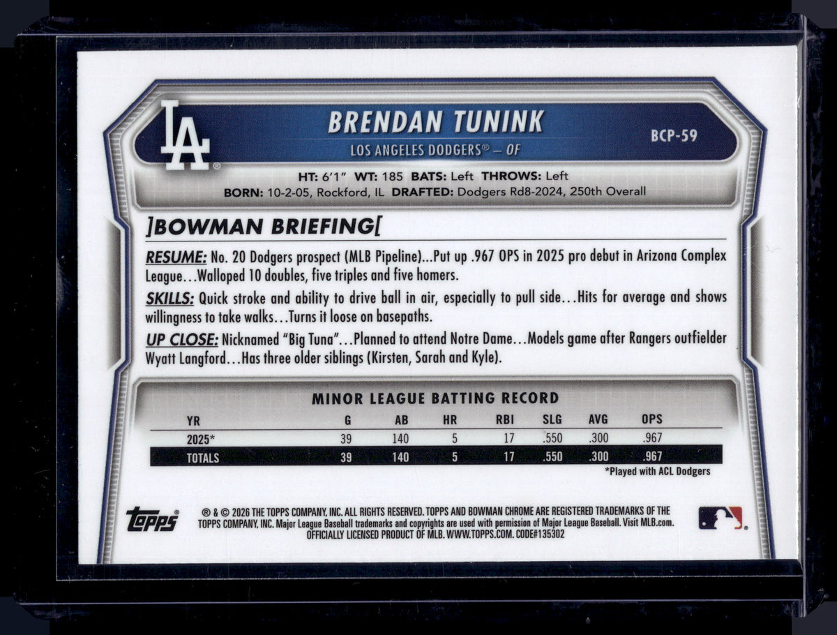 HL-P01 2026 Bowman Chrome Brendan Tunink #BCP-59 Blue Geometric /150 1st Bowman