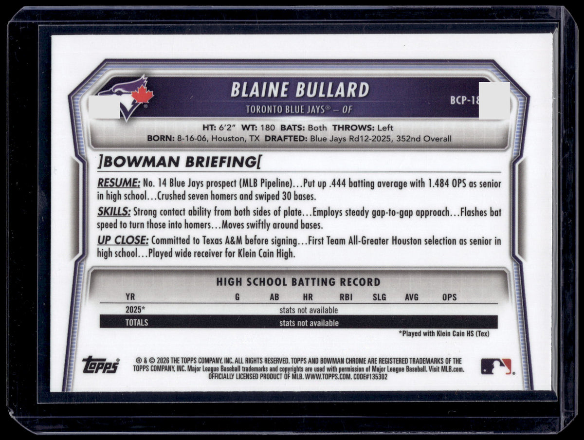 HL-P01 2026 Bowman Chrome Blaine Bullard #BCP-18 Lava /399 1st Bowman