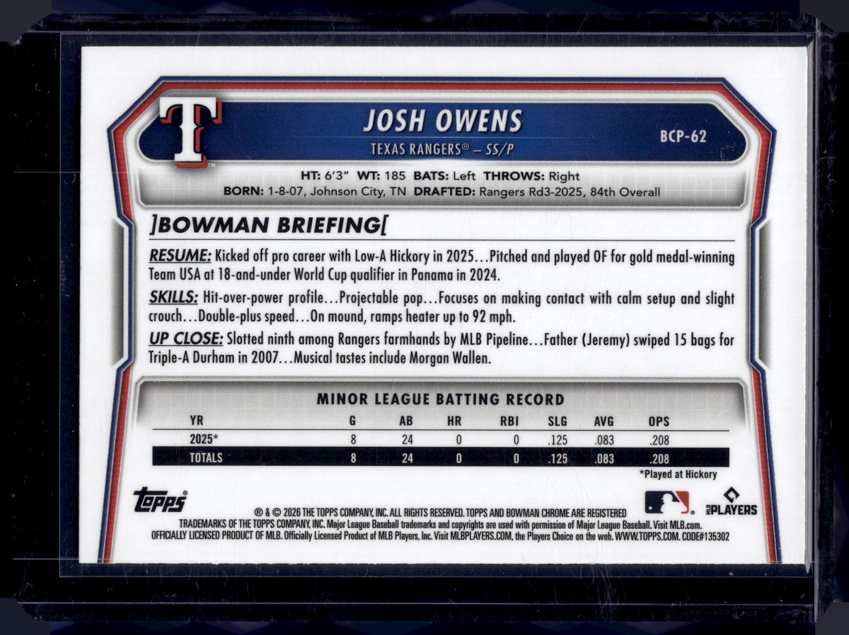 HL-P01 2026 Bowman Chrome Josh Owens #BCP-62 Blue Geometric Refractor /150