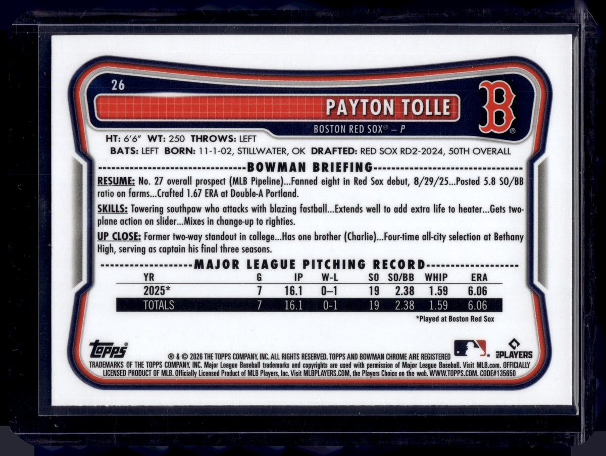 HL-P01 2026 Bowman Chrome Payton Tolle #26 Refractor RC