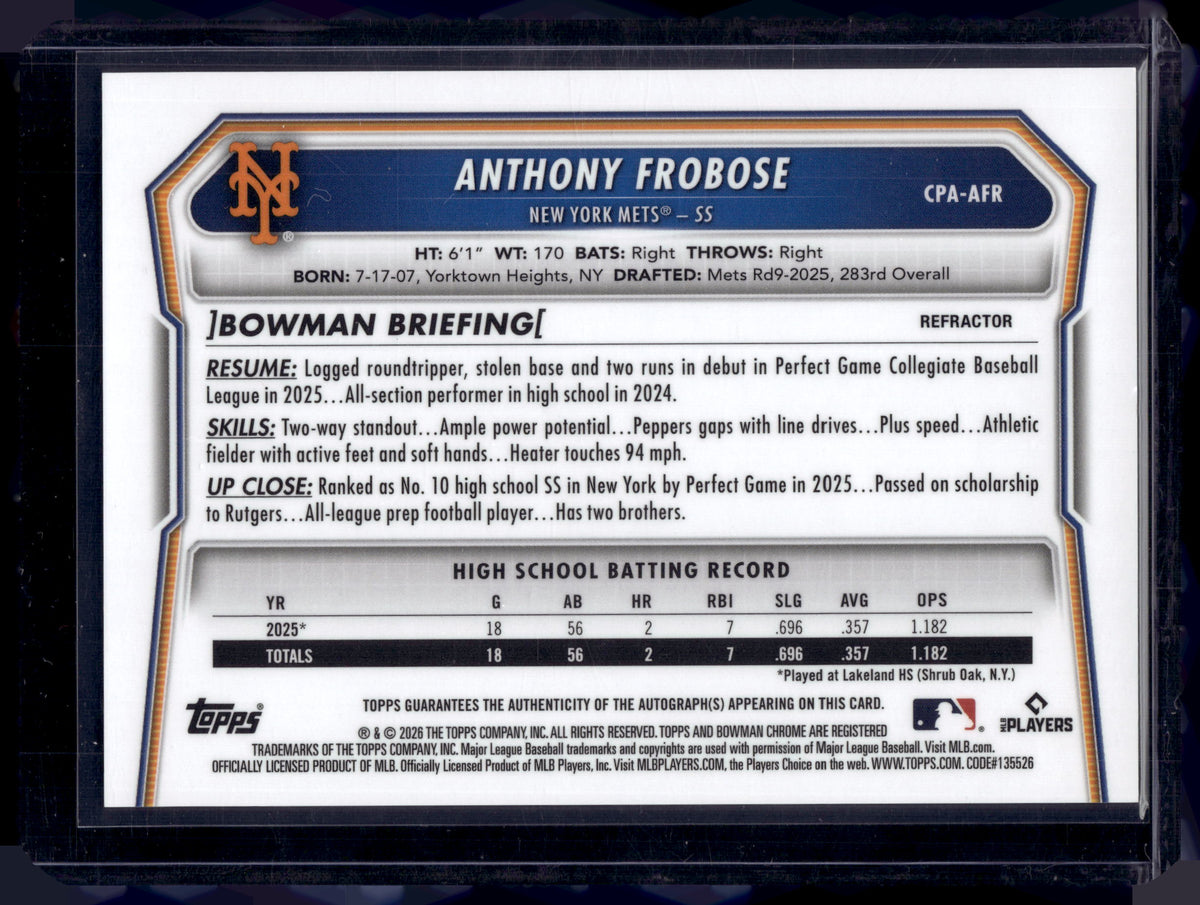 HL-P01 2026 Bowman Chrome Anthony Frobose #CPA-AFR Refractor /499 1st Bowman