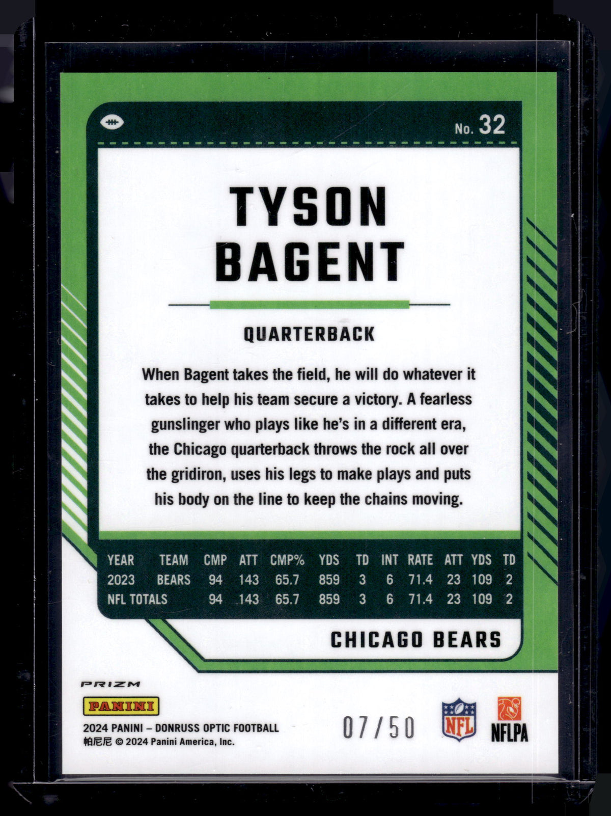 HL-P02 2024 Panini Donruss Optic Tyson Bagent #32 Lime Green /50