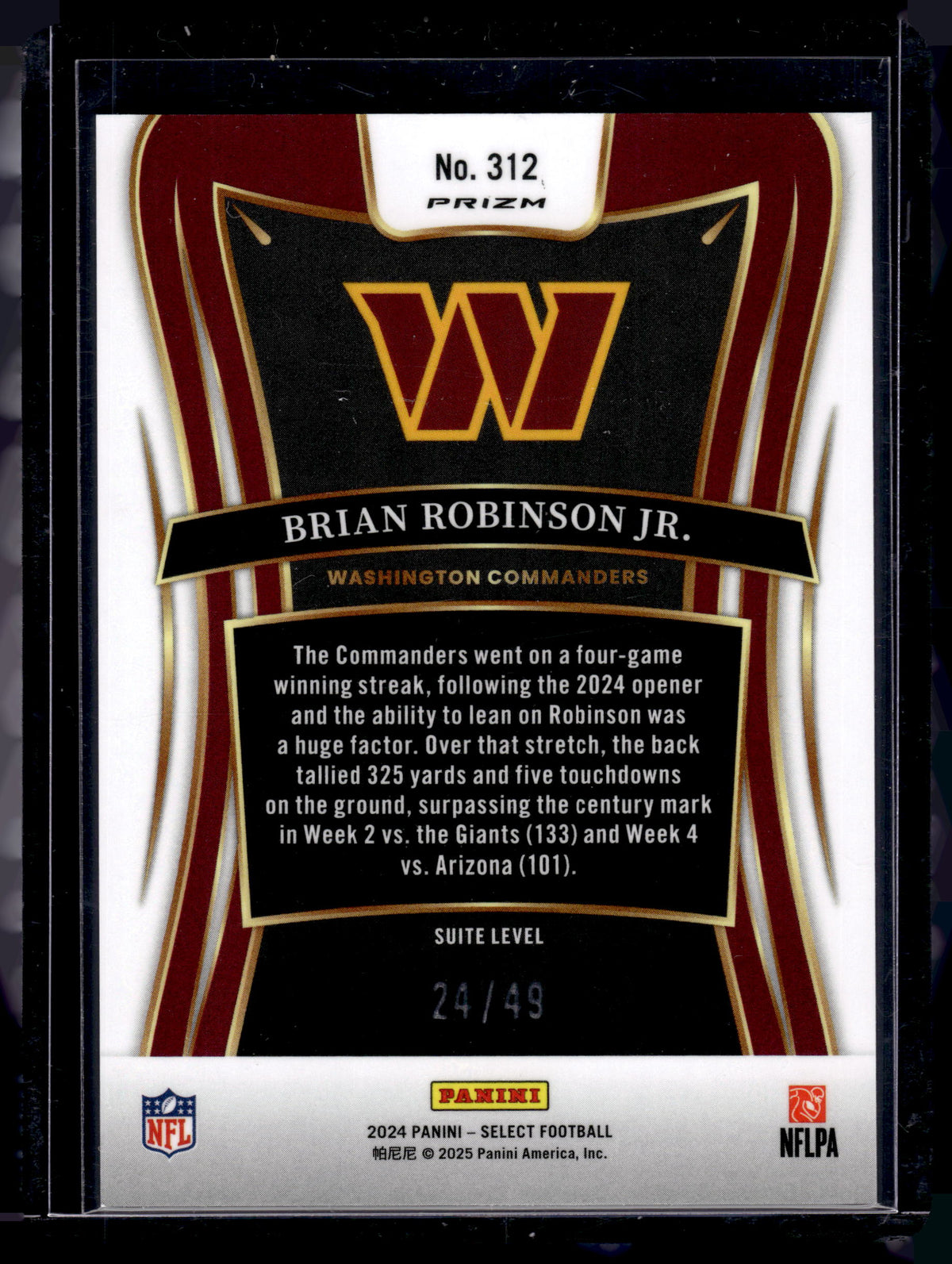 HL-P02 2024 Panini Select Prizm Suite Level Brian Robinson Jr. #312 Red /49