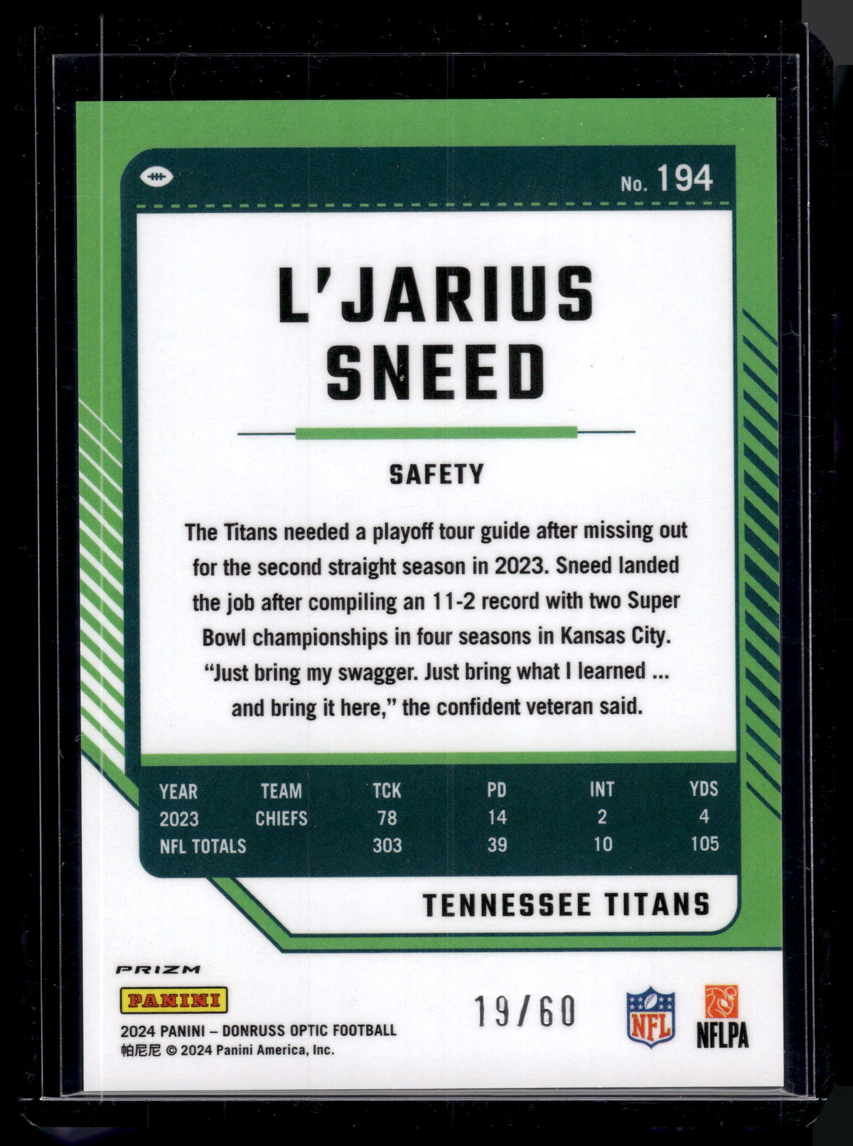 HL-P02 2024 Panini Donruss Optic Football L'Jarius Sneed #194 Purple /60