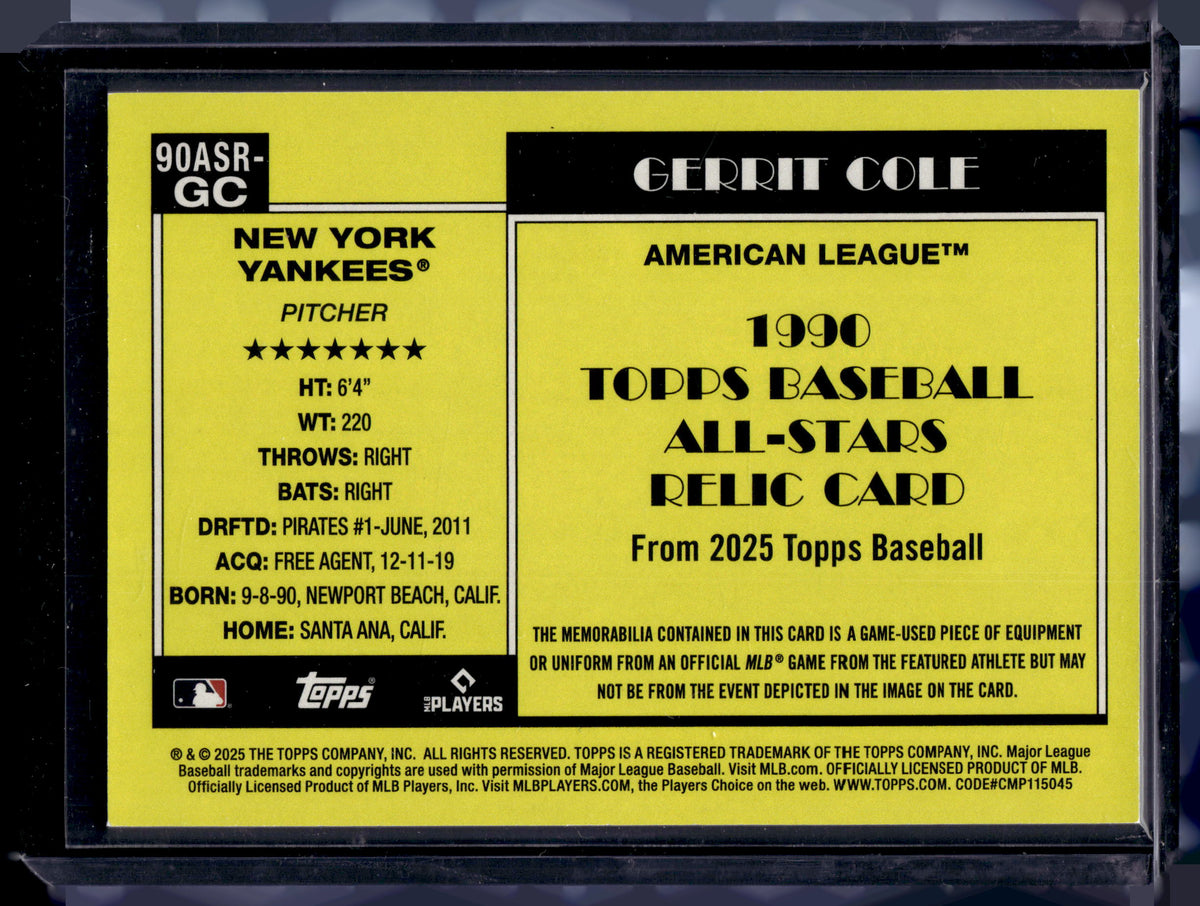 HL-P02 2025 Topps 1990 Topps Baseball All-Stars Relic Gerrit Cole #90ASR-GC