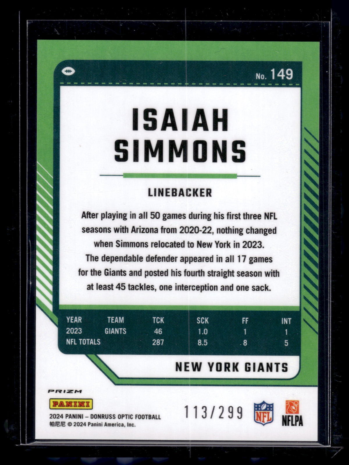HL-P02 2024 Panini Donruss Optic Football Isaiah Simmons #149 Blue /299