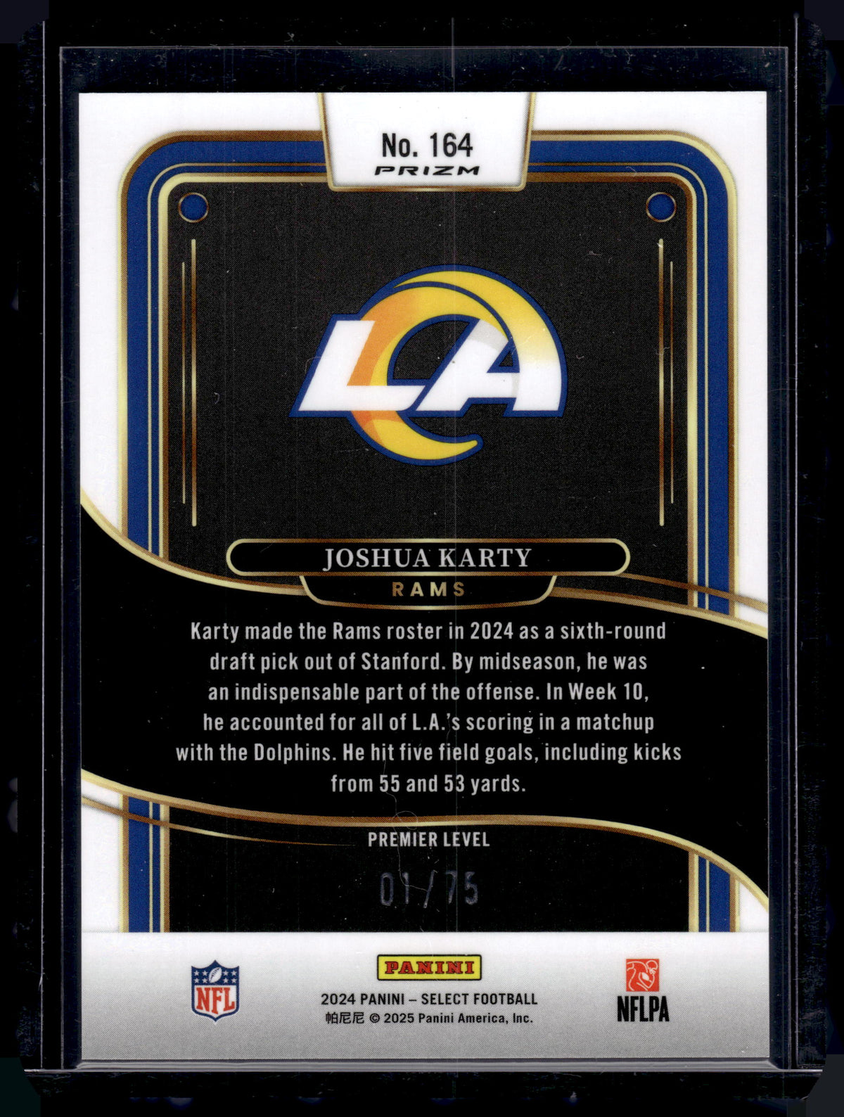 HL-P02 2024 Panini Select Prizm Premier Level Joshua Karty #164 Purple  /75 RC