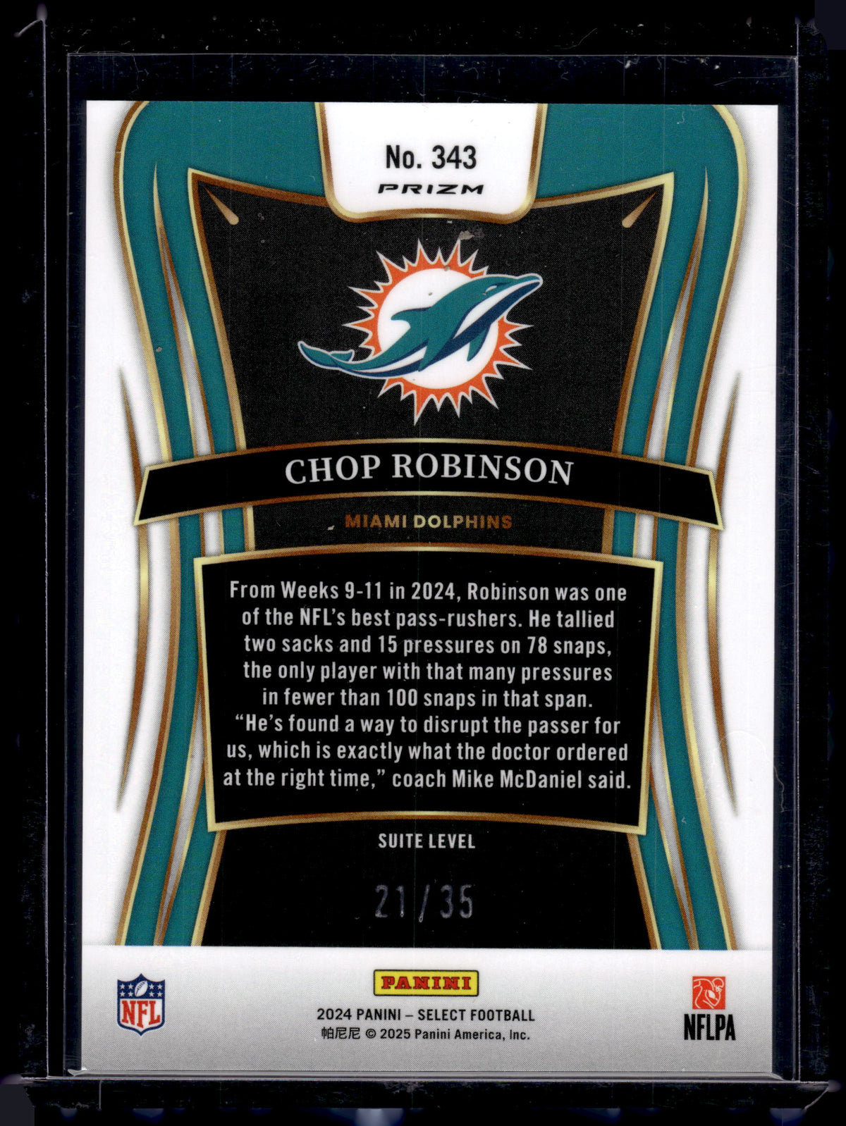 HL-P02 2024 Panini Select Suite Level Chop Robinson #343 White Prizm /35 RC