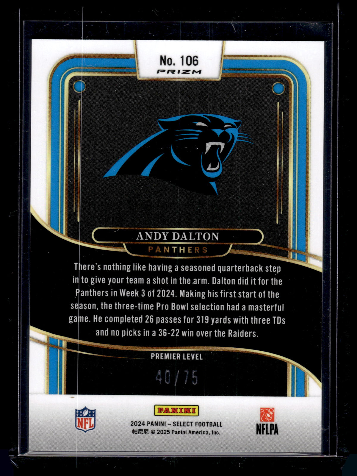 HL-P02 2025 Panini Select Prizm Andy Dalton #106 Purple /75 Premier Level