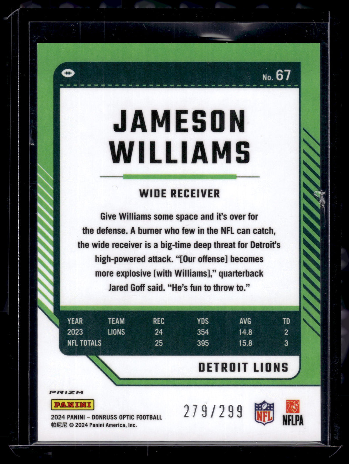 HL-P02 2024 Panini Donruss Optic Football Jameson Williams #67 Aqua /299