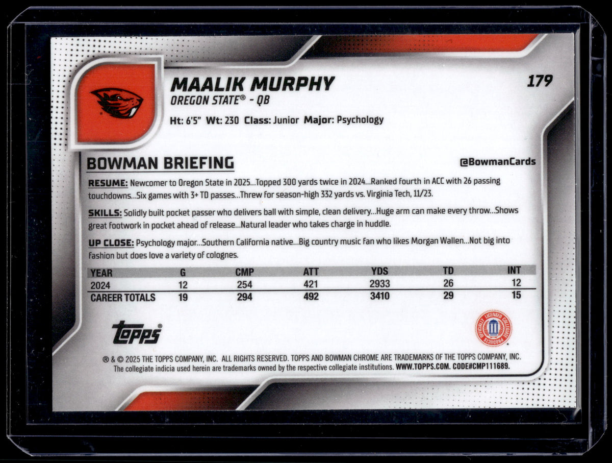 HL-P01 2025 Bowman Chrome University Maalik Murphy #179 Mini Diamond /150