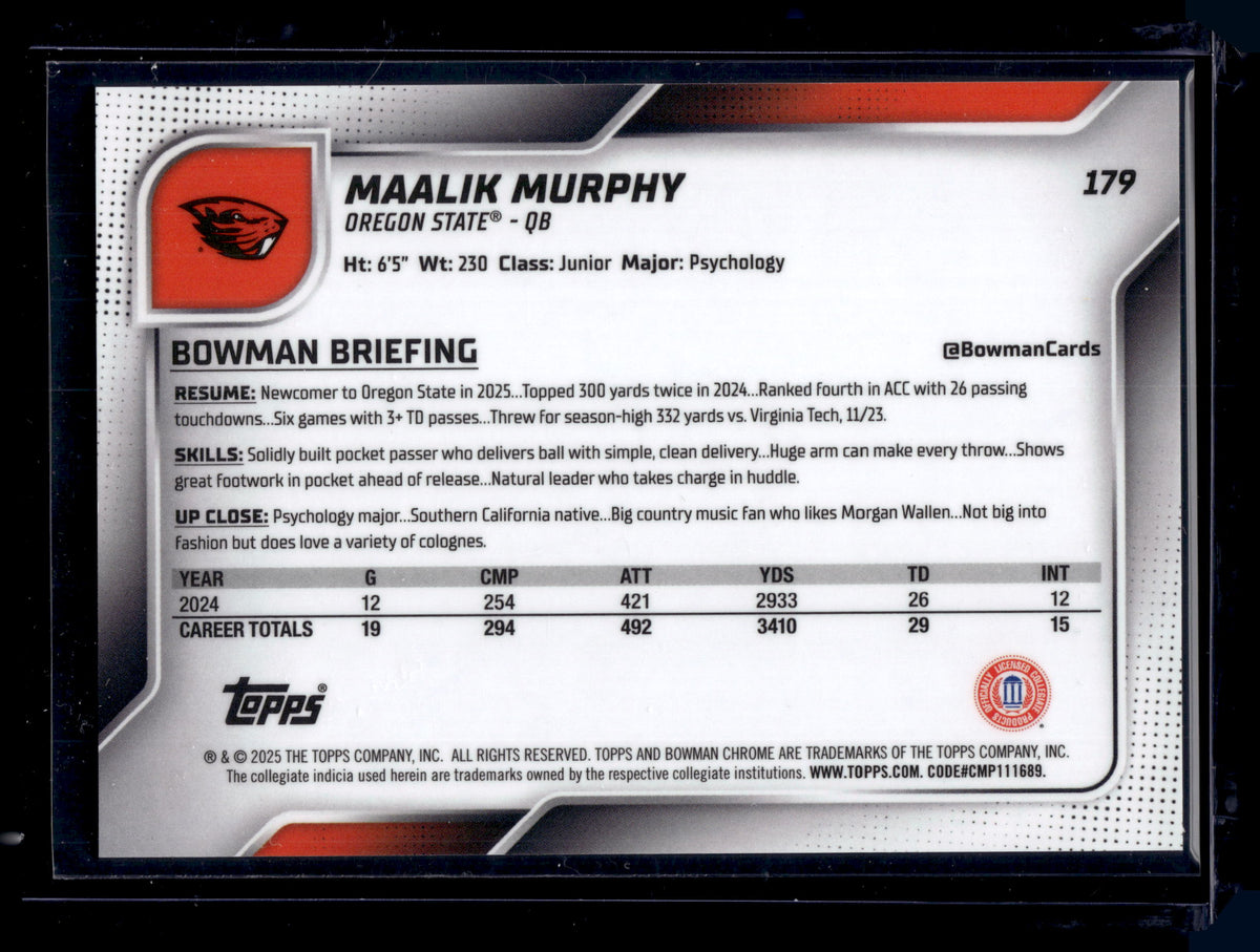 HL-P01 2025 Bowman Chrome U Maalik Murphy #179 Black & Gold Stealth /25 1st