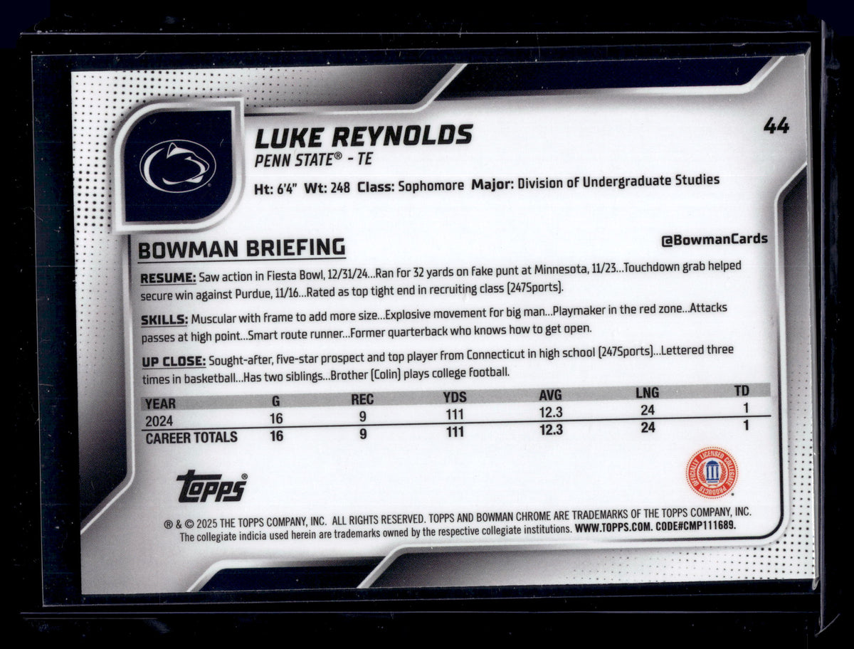 HL-P01 2025 Topps Bowman Chrome Luke Reynolds #44 Lime Green Mini-Diamond /275