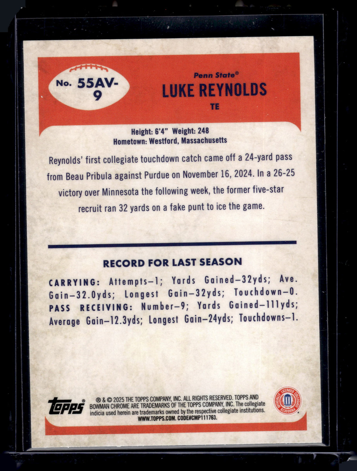 HL-P01 2025 Bowman Chrome University 1955 Luke Reynolds #55AV-9 Blue /150