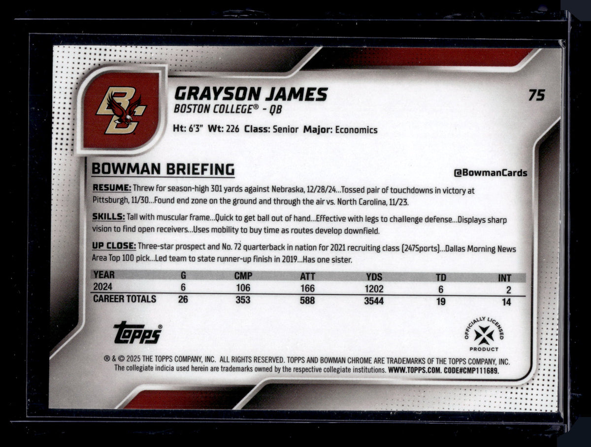 HL-P01 2025 Bowman Chrome University Grayson James #75 X-Fractor 1st Bowman