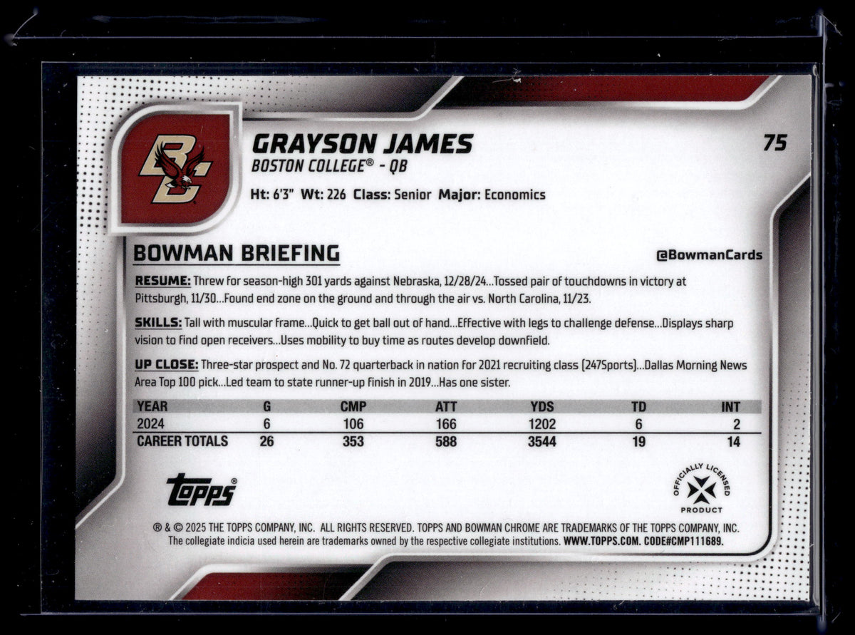 HL-P01 2025 Bowman Chrome University Grayson James #75 X-Fractor 1st Bowman