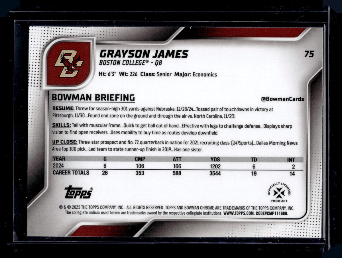 HL-P01 2025 Bowman Chrome University Grayson James #75 X-Fractor 1st Bowman