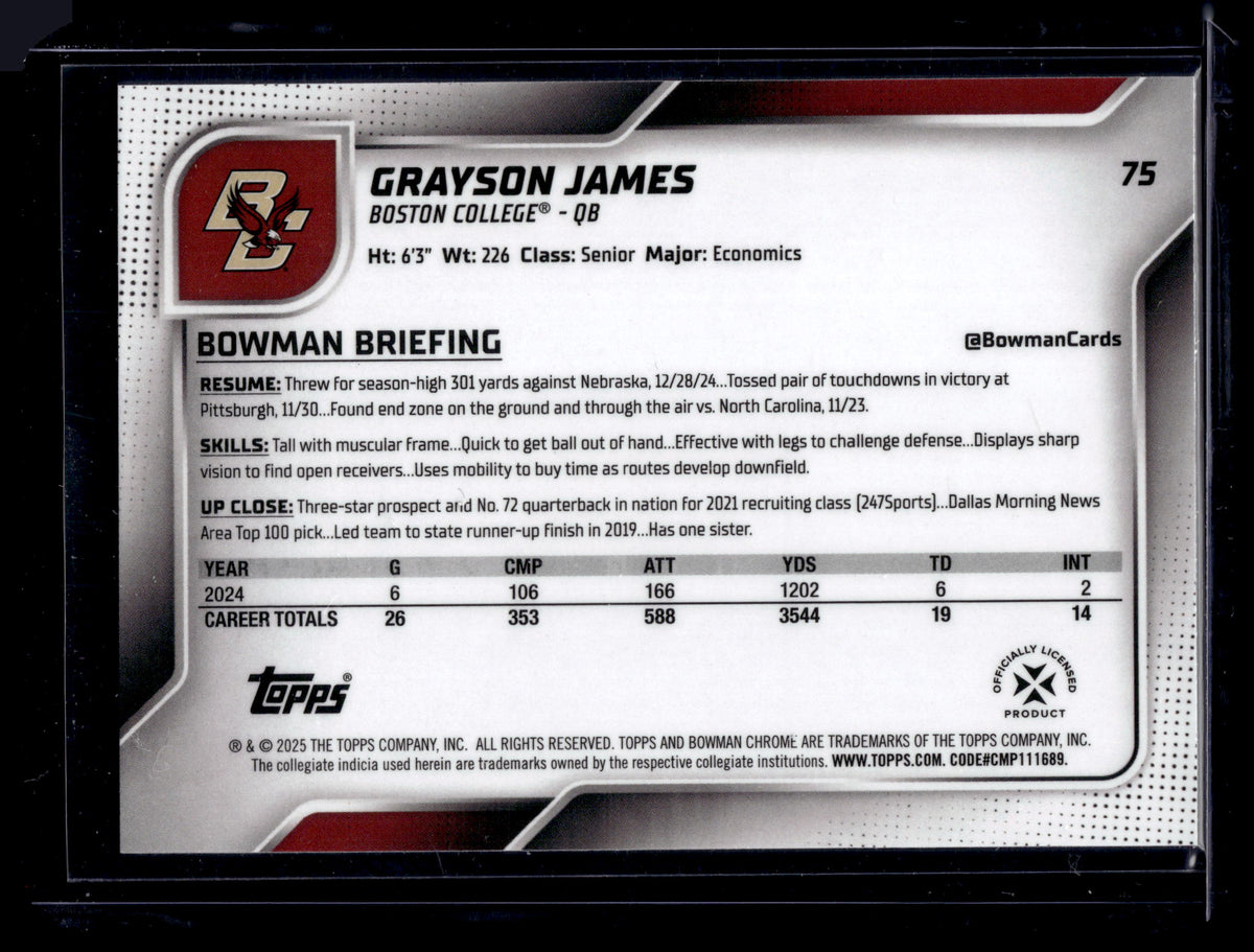HL-P01 2025 Bowman Chrome University Grayson James #75 Aqua /325 1st Bowman