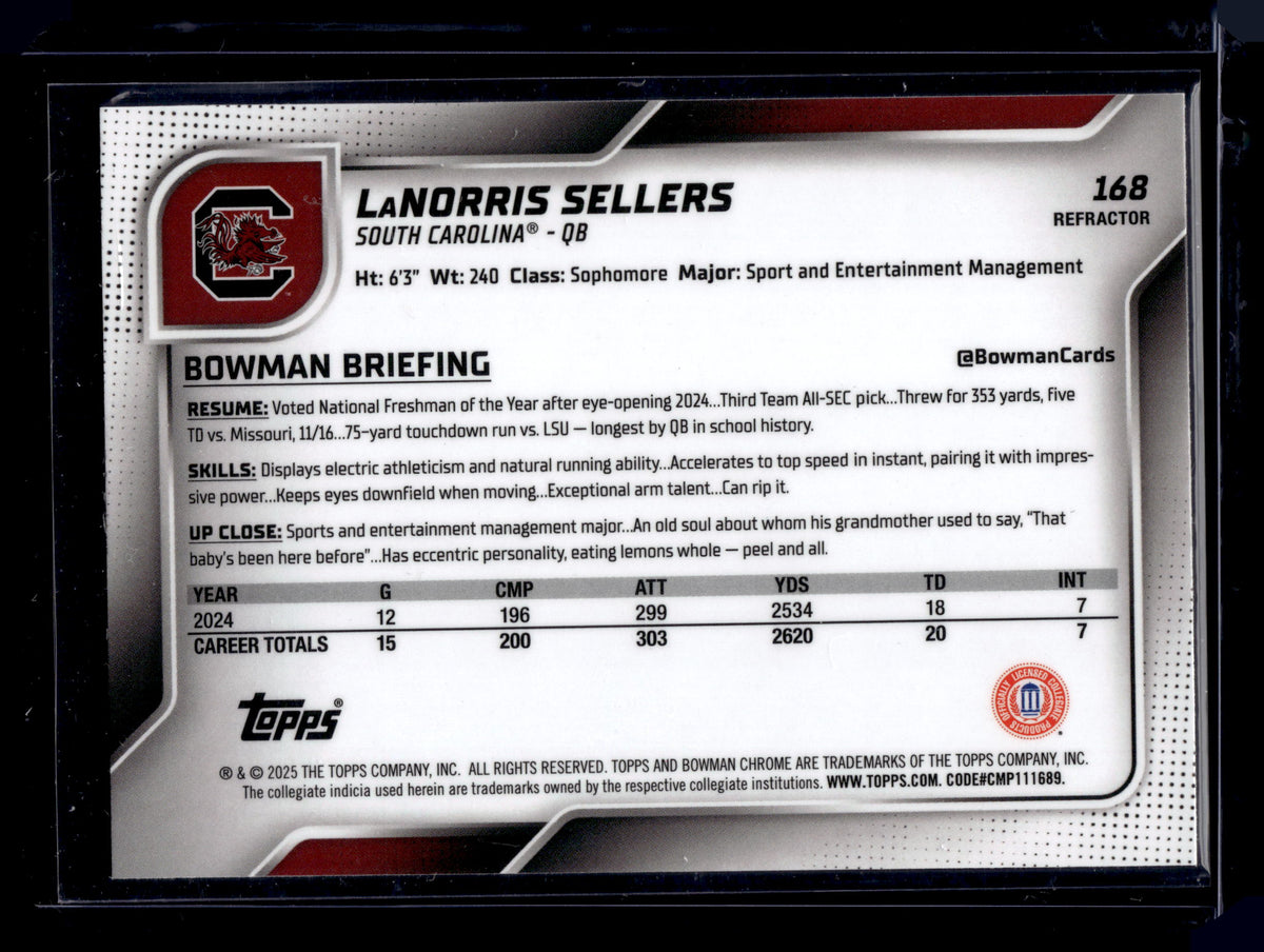 HL-P01 2025 Bowman Chrome University LaNorris Sellers #168 Refractor 1st Bowman