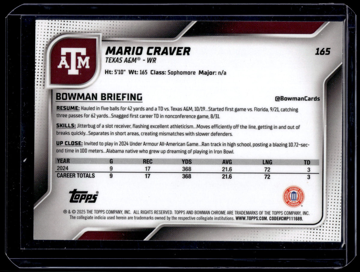 HL-P01 2025 Bowman Chrome U Mario Craver #165 Green Mini-Diamond /99 1st Bowman